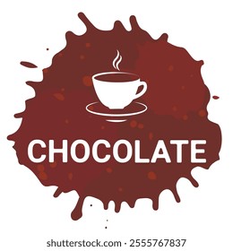 Hot chocolate logo, vector illustration, hand lettering. White letters with a cup, brown coffee liquid spots Menu set flyer banner poster. Fresh aroma. Coffee to go, shop cafe packaging.Roasted. 