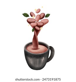 Chocolate caliente hecho de cacao en un vidrio negro aislado sobre fondo blanco. Ilustración vectorial.	