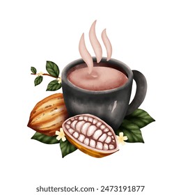 Chocolate caliente hecho de cacao en un vidrio negro aislado sobre fondo blanco. Ilustración vectorial.	