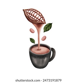 Chocolate caliente hecho de cacao en un vidrio negro aislado sobre fondo blanco. Ilustración vectorial.	