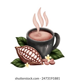 Chocolate caliente hecho de cacao en un vidrio negro aislado sobre fondo blanco. Ilustración vectorial.	