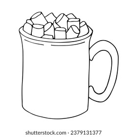 Hot chocolate with marmashlow in a hand drawn mug. Vector sketch for print, web, mobile and infographics.