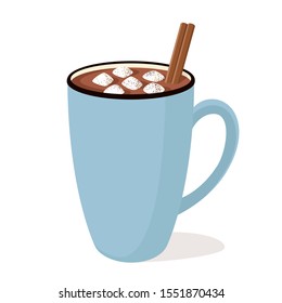 Hot chocolate with marshmallow in a blue mug on transparent background. For Hygge postcard, greeting card, poster 