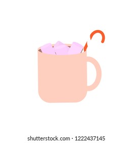 Hot chocolate with marshmallow and Candy cane in cup. Vector icon, element for your design.
