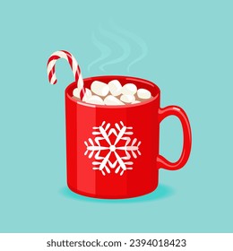 Hot chocolate with marshmallow and candy cane in red mug. Winter sweet hot drink in cup decorated snowflake. Christmas cartoon illustration.