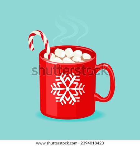 Hot chocolate with marshmallow and candy cane in red mug. Winter sweet hot drink in cup decorated snowflake. Christmas cartoon illustration.