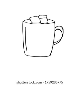 Hot chocolate with marshmallow in a cup, vector illustration, hand drawing