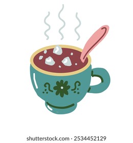 Chocolate caliente con malvavisco. Dibujado a mano ilustración de la bebida de invierno en taza verde. 