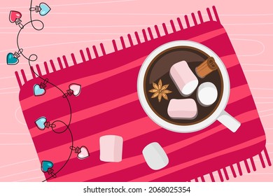 Hot Chocolate with marshmallow on red napkin and glow light lamp in hearts shapes on strings. Romantic background for St. Valentine's Day or Wedding love banner. Top view flat vector illustration.