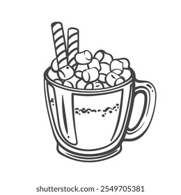 Hot chocolate with marshmallow outline vector illustration. Hand drawn glass mug with Christmas choco drink, cocoa powder and cute sweet candy sticks, cozy chocolate beverage to stay warm in winter