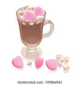 Hot chocolate with marshmallow sweet hearts. Romantic style beverage in glass with decorative elements. Vector illustration for cards, leaflets or banners on white background.