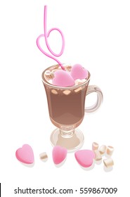 Hot chocolate with marshmallow sweet hearts. Romantic style beverage in glass with decorative elements. Vector illustration for cards, leaflets or banners on white background.