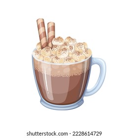 Hot chocolate with marshmallow vector illustration. Cartoon isolated glass mug with Christmas choco drink, with cocoa powder and cute sweet candy sticks, cozy chocolate beverage to stay warm in winter