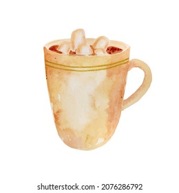 Hot chocolate with marshmallow watercolor drawing isolated on white background