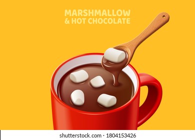 Hot chocolate with marshmallows in 3d illustration, isolated on mustard yellow background