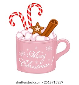 Hot chocolate with marshmallows, candy cane and cinnamon stick in pink mug. Winter sweet hot drink in decorative cup, Christmas cartoon vector illustration.