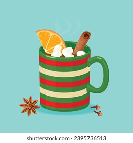 Hot chocolate with marshmallows, cinnamon stick and orange slice in bright striped cup. Winter Christmas cartoon illustration. Cocoa in beautiful mug.