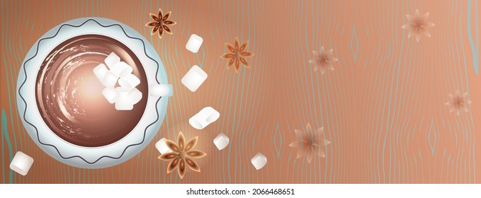 chocolate caliente con malvaviscos y canela. Vista desde arriba. Banner en tonos beige con textura de mármol