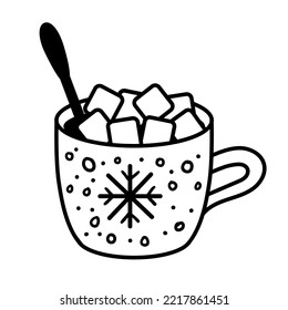 Hot chocolate with marshmallows or coffee in a  cup with snowflakes. Outline drawing of hot winter drink.