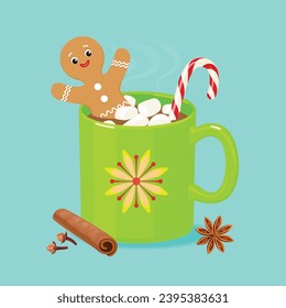Hot chocolate with marshmallows in cup, gingerbread man and candy cane. Christmas cartoon illustration of winter holiday drink.