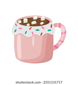 Chocolate quente com marshmallows na xícara rosa cerâmica bonito. Bebida quente de inverno sobre fundo branco. Ilustração vetorial de cacau doce em estilo plano