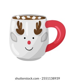 Chocolate quente com marshmallows na xícara de cerâmica fofa. Bebida de inverno quente em fundo branco.Ilustração de caneca doce com cacau em estilo plano