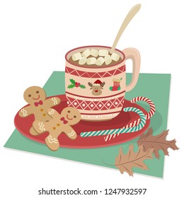 Hot chocolate with marshmallows in cute mug cup isolated on white background. Pastel christmas and winter hot drink cartoon. Coffee, hot chocolate, marshmallows, gingerbread, and candy cane. 
