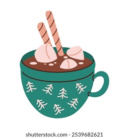 Hot chocolate with marshmallows flat color vector object. Warm festive beverage for Christmas eve illustration on white background