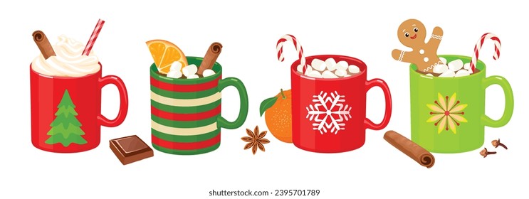 Hot chocolate with marshmallows, gingerbread man and candy cane. Set of festive bright cups with cocoa and spices. Christmas cartoon illustration of sweet winter drinks.