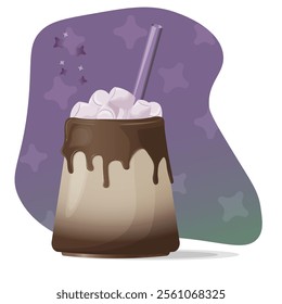 hot chocolate with marshmallows with glass straw on gradient background