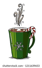 Hot chocolate with marshmallows in a green mug. Hand drawn Christmas doodle vector illustration. Winter holidays greeting card design element item isolated over white background. 