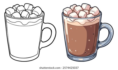 Hot Chocolate with Marshmallows Line Art Vector Illustration Black and White with Coloring Sample. Bold and Easy Food, Fruits, Sweets, Drinks, Dessert, and Snacks Coloring Pages for Adults and Kids