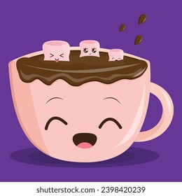 Hot chocolate with marshmallows in a pink cup. Hot winter drink on a purple background. Vector illustration in kawaii style	
