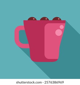 Hot chocolate with marshmallows in a pink mug, simple flat design 