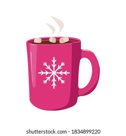 Hot chocolate with marshmallows. Red cup with snowflake ornament. Christmas decoration. Vector illustration, isolated on a white background.