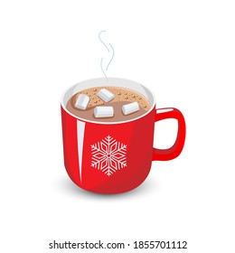 Hot chocolate with marshmallows in red cup isolated on a white background. Vector illustration of hot cocoa isolated on a white background.