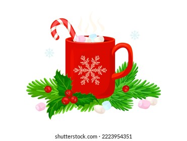 Hot chocolate  with marshmallows in red cup, candy cane, holly berry and fir branches. Christmas illustration. Cartoon flat style.