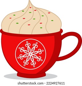 Hot chocolate with marshmallows in a red cup for Christmas. Merry Christmas and New Year cup with sweets. Elements of vector design.Suitable for Christmas design and coloring, advertising, postcards