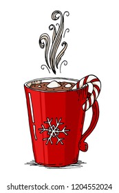 Hot chocolate with marshmallows in a red mug. Hand drawn Christmas doodle vector illustration. Winter holidays greeting card design element item isolated over white background. 