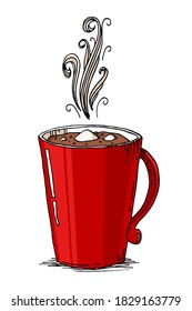 Hot chocolate with marshmallows in the red mug. Hand drawn Christmas doodle vector illustration. Winter holidays greeting card design element item isolated over white background. 