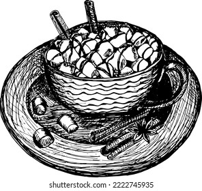 Сup of hot chocolate with marshmallows and spices.