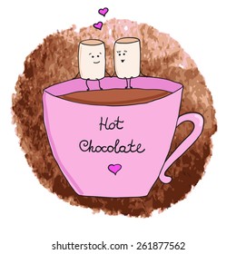 hot chocolate with marshmallows. watercolor background