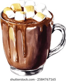 Hot chocolate with marshmallows watercolor  illustration vector isolated on white background
