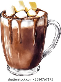 Hot chocolate with marshmallows watercolor  illustration vector isolated on white background
