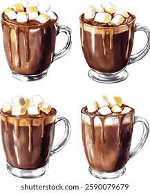 Hot chocolate with marshmallows watercolor  illustration vector isolated on white background
