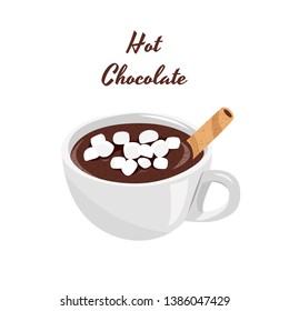 Hot chocolate with marshmallows in white cup. Realistic vector illustration.