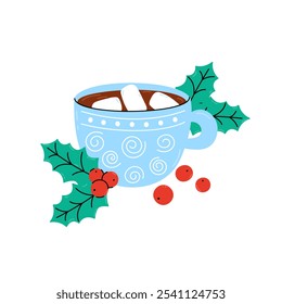 Hot chocolate mug. Beverage with marshmallows, holly berries and leaves. Cute Christmas vector illustration. Xmas holiday drink for December seasonal designs and greeting cards. Flat and doodle 