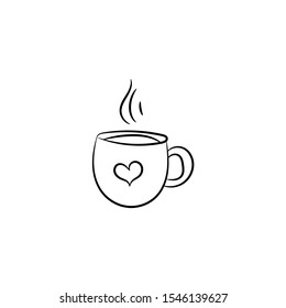 Hot chocolate in a mug , coffee icon in hand drawn, doodle, sketch style isolated in white background for invitations, greeting cards, patterns.