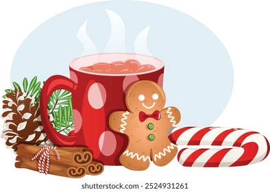 Hot Chocolate Mug with Gingerbread Cookie, Candy Cane, Cinnamon Sticks Bundle, Pinecone and Fir Tree Branch - Cozy and Cute Christmas Graphic 