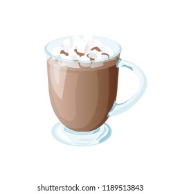 Hot Chocolate Mug With Marshmallows. Hot Cocoa Drink. Glass Cup. Isolated Vector Cacao On White Background. Illustration In Cartoon Style.